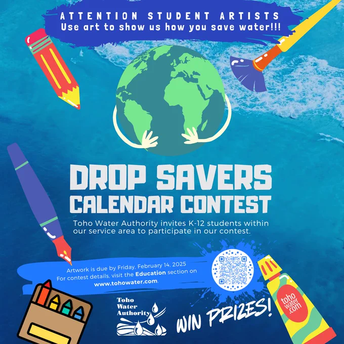 The image is an invitation to students to participate in Toho's calendar contest.

K-12 Students will create artwork promoting water conservation, and a panel of judges will select winners to appear in the calendar.

Artwork is due by February 14, 2025.