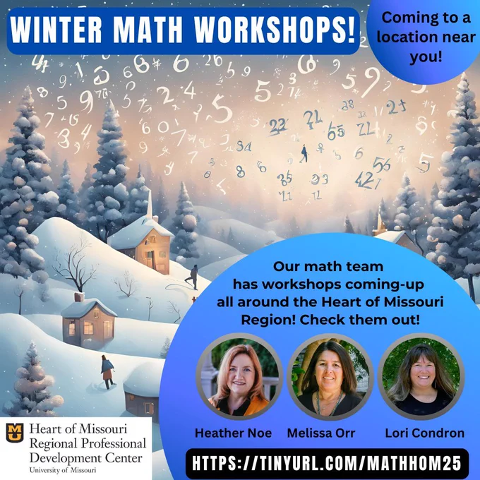 Blue and White image of math formulas and numbers falling as snow flakes advertising upcoming math workshops.