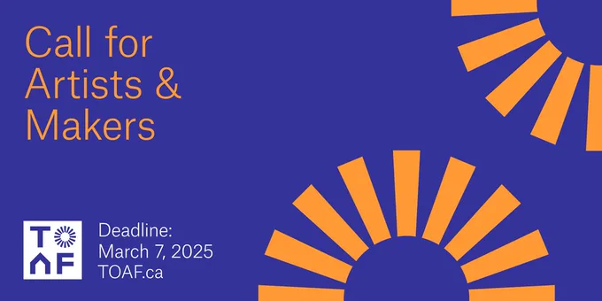 [Image Description: A bold graphic poster with a solid purple background featuring orange and white text. The top text reads, "Call for Artists & Makers" in orange letters. On the bottom left, the logo for TOAF (Toronto Outdoor Art Fair) is displayed in white, along with the text, "Deadline: March 7, 2025" and "TOAF.ca" in white. The design includes orange rays extending from the right side, resembling a sunburst. ]