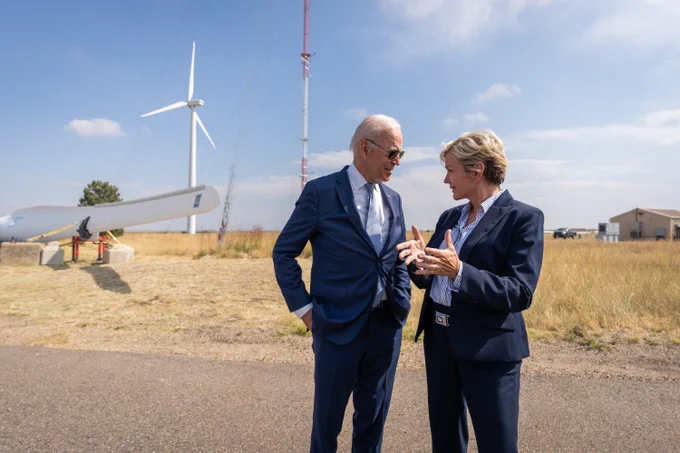 President Joe Biden talks with Energy Secretary Jennifer Granholm during a tour of the National Renewable Energy Laboratory Flatirons Campus in Arvada, Colorado, Tuesday, September 14, 2021. (Official White House Photo by Adam Schultz)

