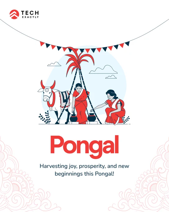 A line drawing illustration of two women in traditional Indian attire preparing Pongal, a sweet rice dish, in a clay pot over a fire. A cow stands nearby. The text "Pongal" is written in large letters below the image, with the caption "Harvesting joy, prosperity, and new beginnings this Pongal!"