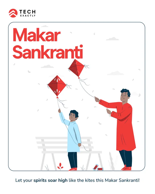 A colorful image celebrating Makar Sankranti. The text "Makar Sankranti" is written in large letters, with the caption "Let your spirits soar high like the kites this Makar Sankranti!" There are also colorful kites flying in the sky