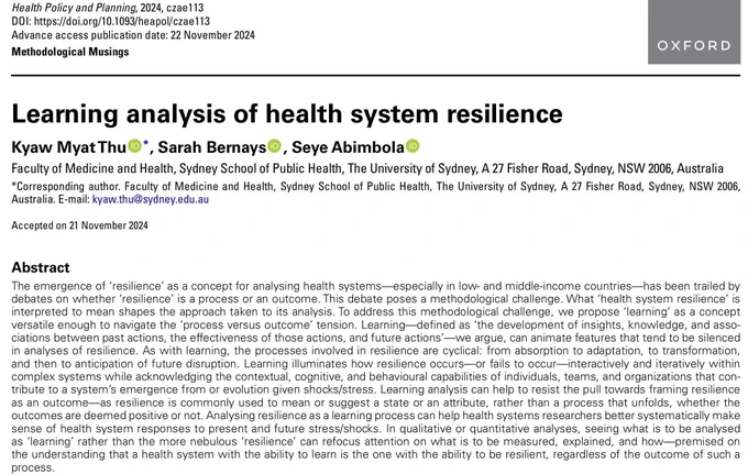 The first page and abstract of an article titled "Learning analysis of health system resilience" by Kyaw MyatThu, Sarah Bernays, and Seye Abimbola