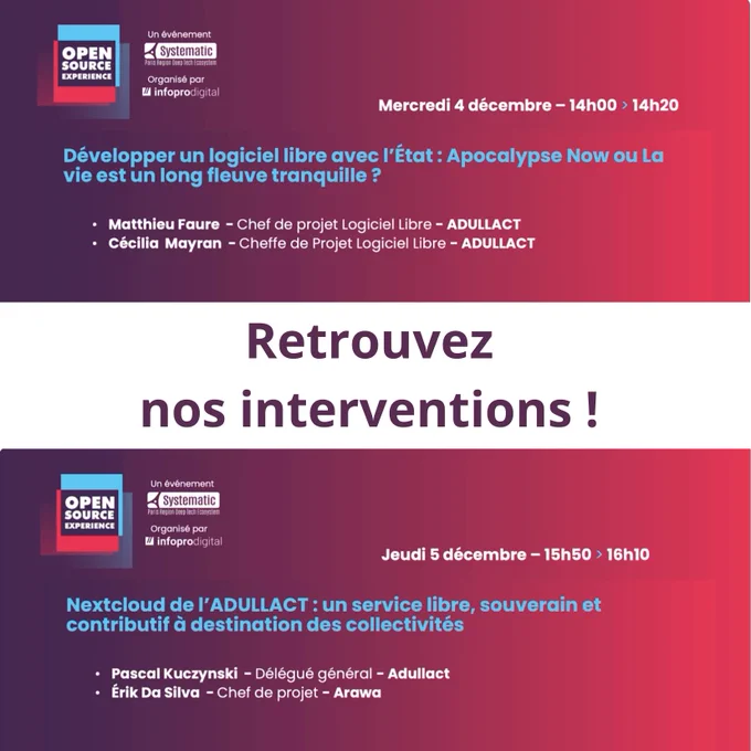 📢 Replays disponibles !


Vous avez manqué nos interventions lors de #OSXP2024 ? Pas de panique, les replays sont désormais accessibles ! 🎥


🎯 Développer un logiciel libre avec l’État : Apocalypse Now ou La vie est un long fleuve tranquille ? 

➡️ https://www.youtube.com/watch?v=-QAP4_3HPcI


🎯 Nextcloud de l’ADULLACT : un service libre, souverain et contributif pour les collectivités Arawa - Collaboration Open Source

➡️ https://www.youtube.com/watch?v=6JVZrOvqObI


#OSXP2024 #LogicielLibre #Nextcloud #Collaboration #Replay