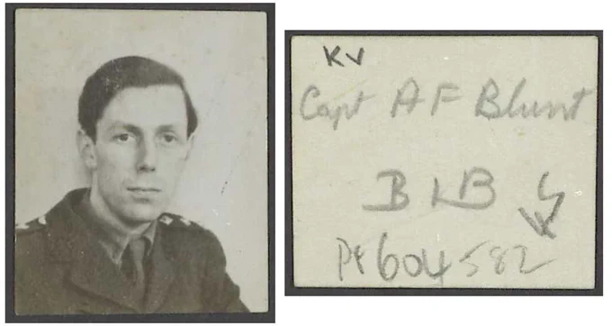 A black and white on-quarter headshot of a man (a young Anthony Blunt) in military uniform with a neutral expression, beside a card marked 'Capt AF Blunt'.