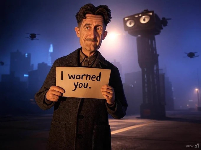 AI generated image of George Orwell holding a sign that reads, “I warned you.”