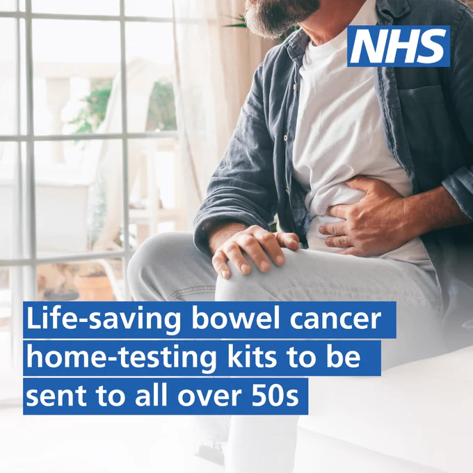Man holding his stomach with his right hand. Text in image reads; life-saving bowel cancer home-testing kits to be sent to all over 50s. 