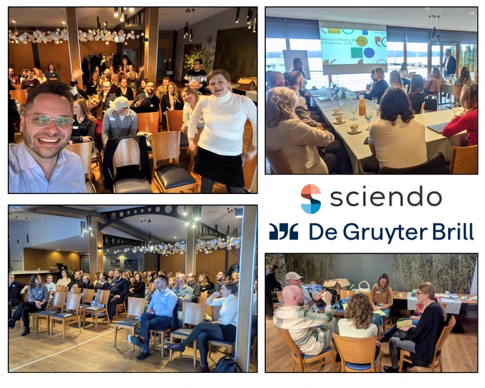 A company meeting with participants seated in a conference room, engaging in presentations and group discussions. Sciendo and De Gruyter Brill branding is visible.