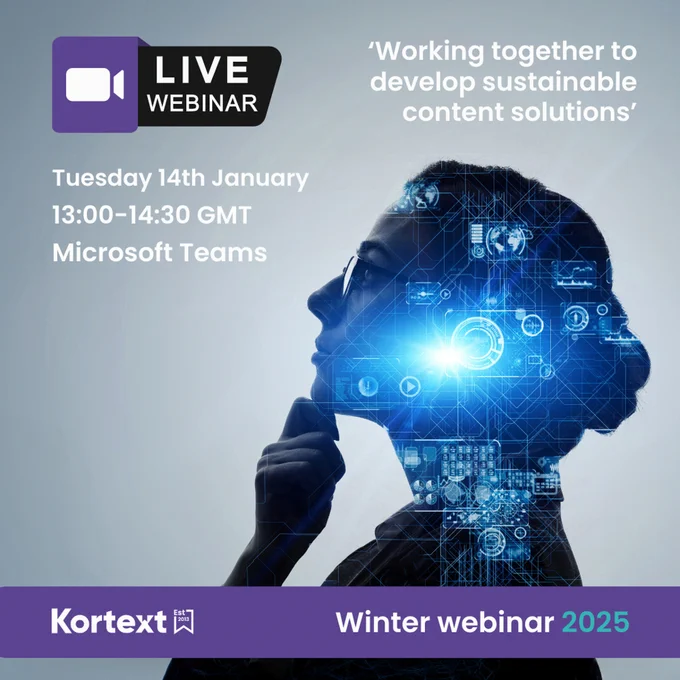 Image promoting Kortext's winter webinar, 'Working together to develop sustainable content solutions' on Tuesday 14th January 13:00–14:30 GMT on Microsoft Teams. It features a silhouette of a person overlayed with digital interface graphics. 
