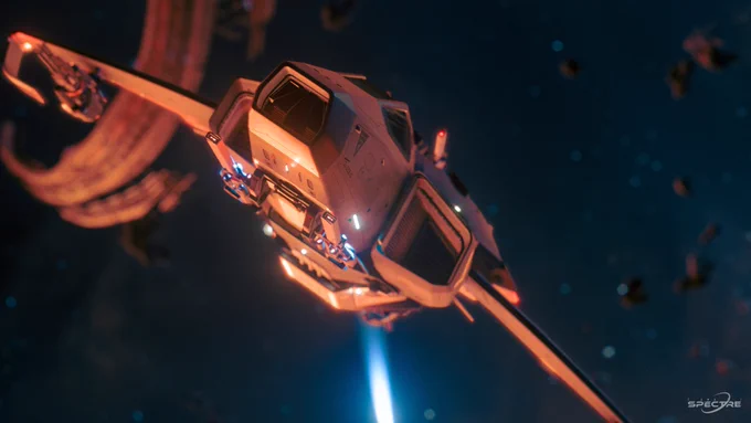 Frontal view of Star Citizens F7A MKII flying through pyro system.
