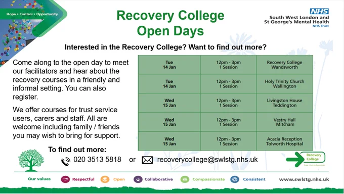 Open Days run by the SWLSTG Recovery College.