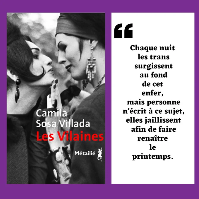 Couverture des Vilaines de Camila Sosa Villada aux éditions Métaillé 
Citation du livre : 
 « Chaque nuit les trans surgissent au fond de cet enfer, mais personne n’écrit à ce sujet, elles jaillissent afin de faire renaître le printemps. »