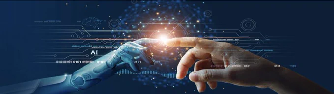 Two hands touch each other with the indexfinger. One roboter hand one human hand