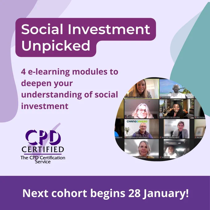 Graphic for 'Social Investment Unpicked': Features the title in bold purple, with text highlighting '4 e-learning modules to deepen your understanding of social investment.' Includes a CPD Certification Service logo and a group screenshot of participants. Bottom banner reads 'Next cohort begins 28 January! 