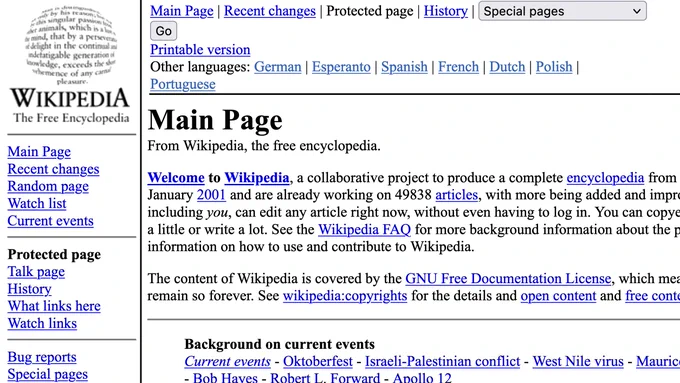 An old snapshot of the Wikipedia main page.