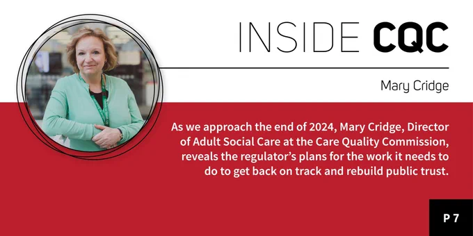 Image from CMM magazine featuring a portrait of CQC's Director of Adult Social Care, Mary Cridge. She's looking at the camera and smiling, and is wearing a mint green cardigan. 