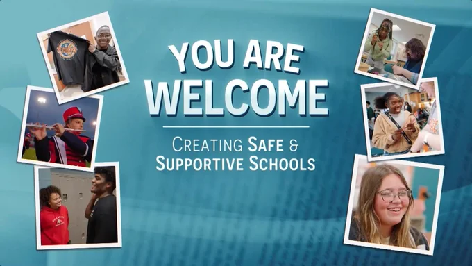 Thumbnail image of the documentary contains white text on a transparent light blue background that lists the title, “You are welcome: Creating safe and supportive schools.” On both sides of the title are six snapshot photos of middle school students engaging in various school activities.
