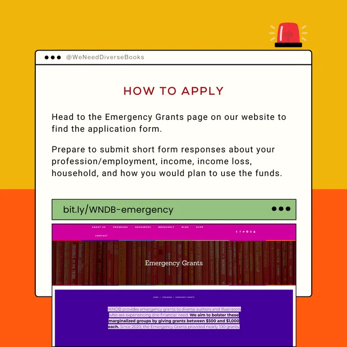 An informational graphic describing how folks can apply for one of WNDB’s emergency grants. The instructions are as follows: “Head to the Emergency Grants page on our website to find the application form. Prepare to submit short form responses about your profession/employment, income, income loss, household, and how you would plan to use the funds.” At the bottom of the graphic is a green search bar containing the URL “bit./ly/WNDB-emergency”. Right beneath the search bar is a picture frame containing a screenshot of the Emergency Grant web page on WNDB’s website.