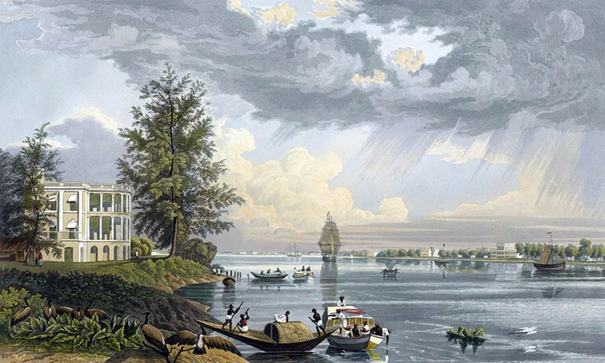A view of the Botanic Garden House and Reach in Calcutta. The gardens were established by the East India Company in 1786. Published in Views of Calcutta and Its Environs by Sir Charles D’Oyly, (London, 1848). From the British Library archive, shelfmark X644.