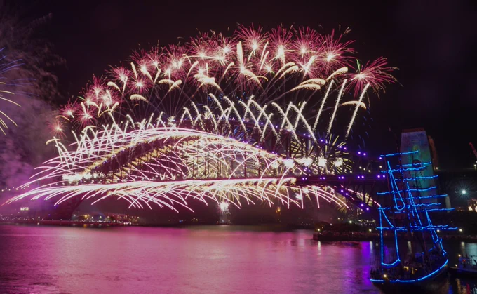 Part of the spectacular pyrotechnics display on New Years Eve and welcoming the year 2025 featuring the iconic Sydney Harbour Bridge, in the dying minutes of December 31, 2024. TWT On-the-Spot PHOTO (Michelle Haywood)  