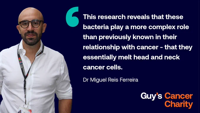 Dr. Miguel Reis Ferreira wears a white shirt, lanyard and glasses. The background is navy blue, there is a teal quotation mark and a quote from Dr. Miguel is written in white. 