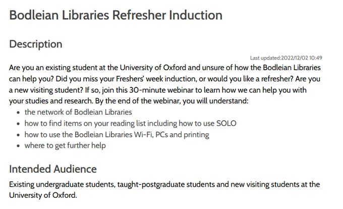 Screenshot of Bodleian Libraries refresher induction page