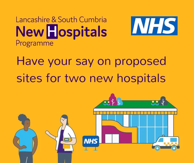 An illustration of a hospital accompanied by text: “Have your say on proposed sites for two new hospitals”