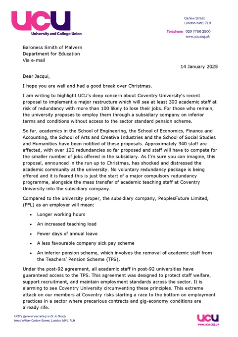 A letter from Jo Grady to Jacqui Smith