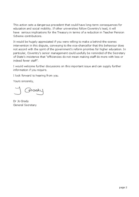 A letter from Jo Grady to Jacqui Smith