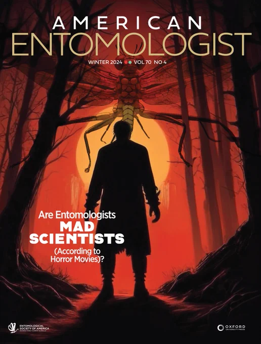 The cover of the Winter 2024 issue of American Entomologist, with a drawing of a man  in silhouette, standing in a forest, facing down a giant insect staring down at him from the blood-red sky.