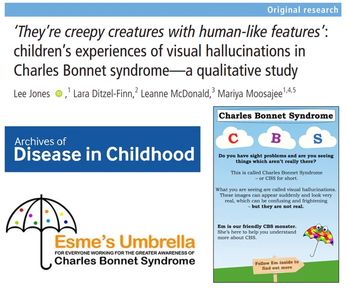 A collage of images including the Esme's Umbrella logo, the Archives of Disease in Childhood journal logo, the title of the paper, and the front page of the information sheet on CBS for children.