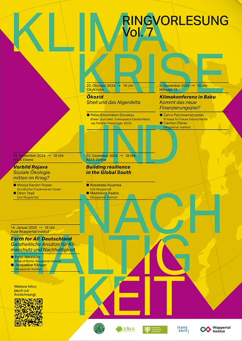 Plakat der Ringvorlesung "Klimakrise und Nachhaltigkeit Vol. 7 " der Uni Wuppertal und des Wuppertal Instituts. Mit Terminübersicht. Insgesamt in gelb und lila gehalten. Quelle: Bergische Universität Wuppertal