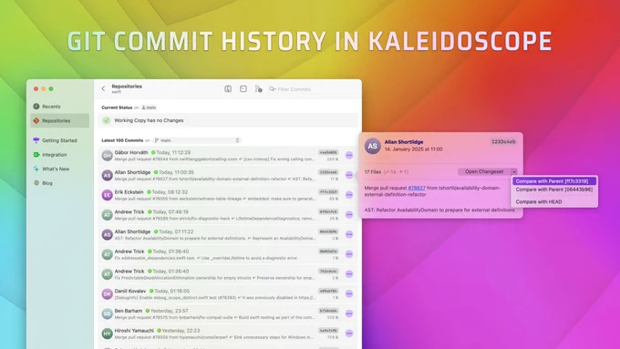 Kaleidoscope 5.3 now shows recent commits to a repository directly in the app, with options to explore details and compare revisions.
