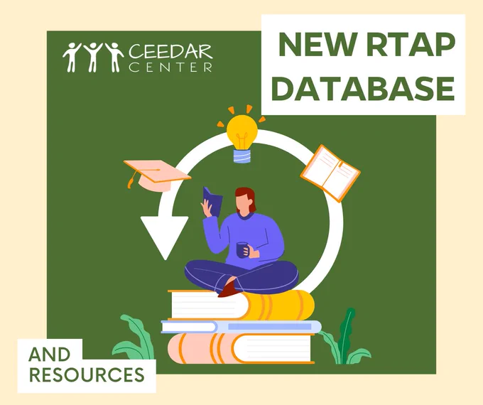 Illustration of person sitting on a stack of books with an arrow around them, leading to a book, a lightbulb, and a graduation cap. Text reads "CEEDAR Center New RTAP Database and Resources."