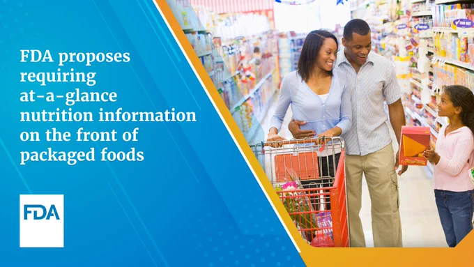 A graphic from the FDA featuring three people shopping in a grocery store aisle, reading nutritional information on products. The text on the image reads 'FDA proposes requiring at-a-glance nutrition information on the front of packaged foods.'