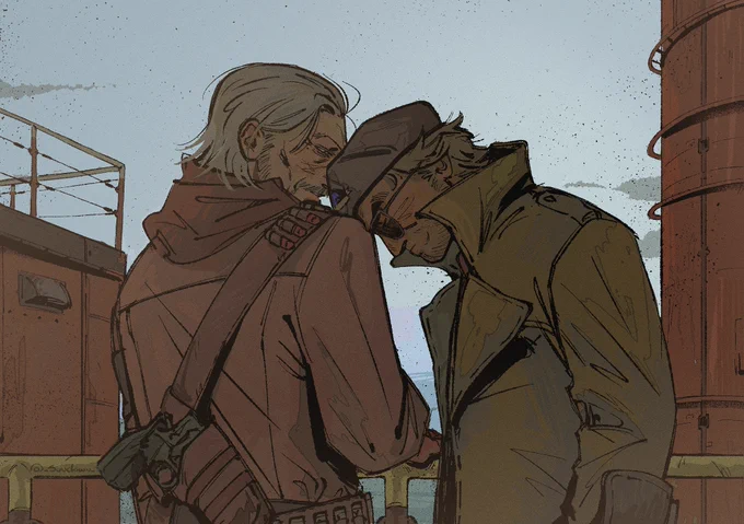 Drawing of Ocelot and Kaz set during MGSV. Ocelot is half turned giving his back to the viewer, looking half stunned while staring at Kaz, who’s resting his forehead on Ocelot’s shoulder. His face contorted in a tired expression, worn out from all their work. Theyre standing in front of one of the rails of Motherbase, parts of the buildings seen in the background