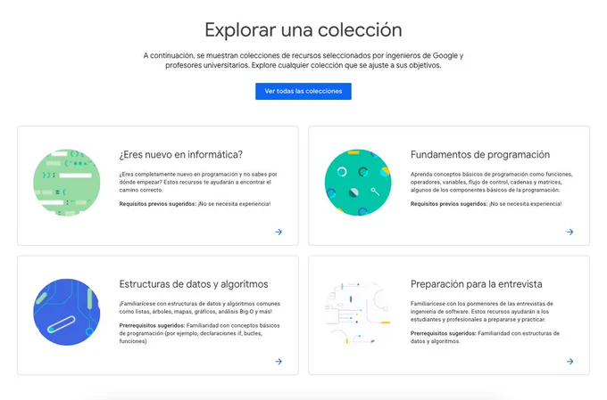 Vemos la interfaz del sitio web de la guía para desarrolladores de Google que muestra cuatro cursos de programación: Fundamentos de programación, Estructuras de datos y algoritmos, Preparación para la entrevista y una sección introductoria para principiantes. Cada curso incluye una breve descripción, requisitos previos y un botón para acceder al contenido.