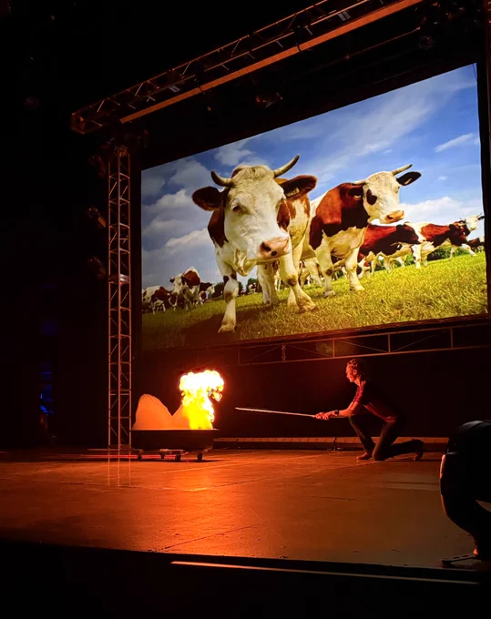 A presenter lights a bubble bath full of methane bubbles on fire on a theater stage; there is a photo of cows in the background.