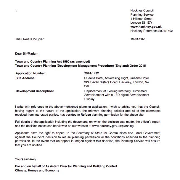 Letter outlining refusal for a digital billboard on Seven Sisters Road