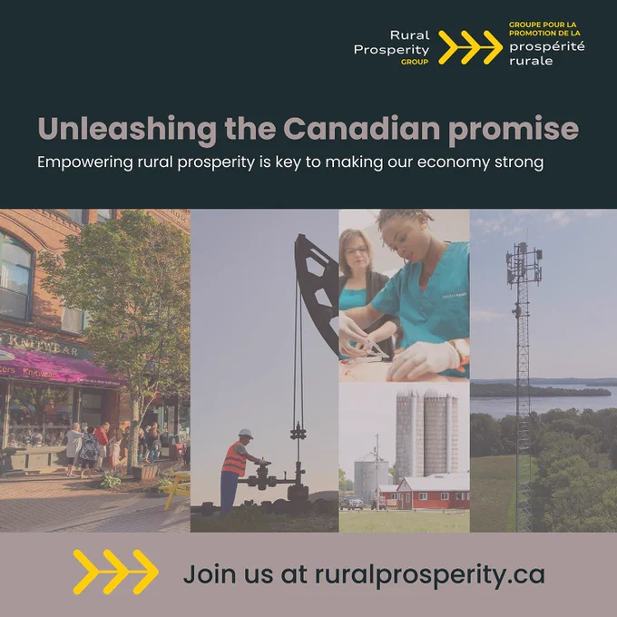 Five images of rural Canada including a small town, an energy worker, a nurse, a dairy farm, a telecom tower among trees. Text says: Unleashing the Canadian promise. Empowering rural prosperity is key to making our economy strong. Join us at ruralprosperity.ca
