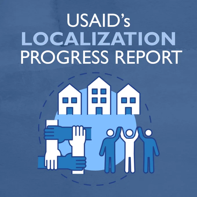 Blue pictogram with USAID logo that, in lower right corner, shows an icon of a dotted circle featuring three houses, three human figures with raised and connected arms, and four connected hands outstretched.
