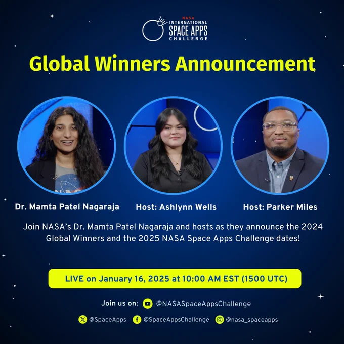 NASA Space Apps logo top center on a dark background with stars. Global Winners Announcement centered in large yellow font. Three circular images of Dr. Mamta Patel Nagaraja, Ashlynn Wells, and Parker Miles in the center with a light blue outline and their names below each in white font. Description just below in white font. Date and time near the bottom in blue font inside a yellow rectangle. Social media icons in yellow with handles spelled out in white font at the very bottom.