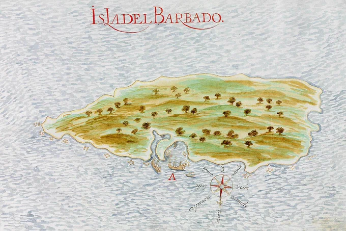 The colored drawing is a Spanish 1632 map of Barbados.