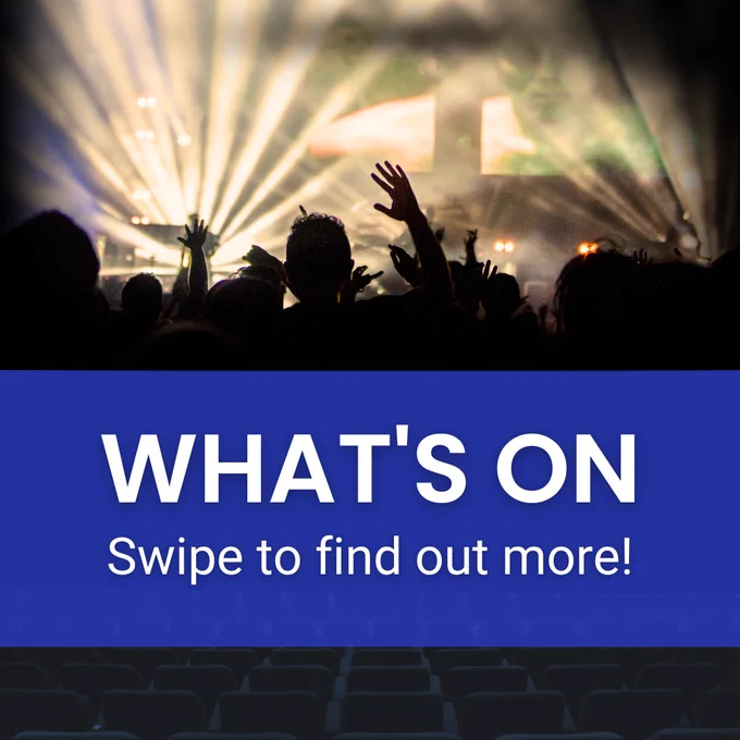 A live band performing on stage with musicians playing guitars and drums, while a lively crowd cheers and dances. The overlay text says, "What's on? Swipe to find out more!"