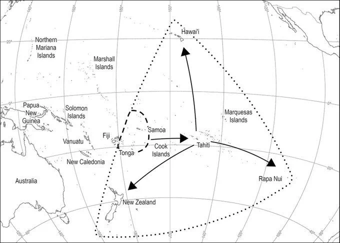 Map of the Pacific Ocean showing Triangle Polynesia (dotted line) and colonisation movements (arrows) from West Polynesia (dashed line) to East Polynesia c. AD 700–1100.