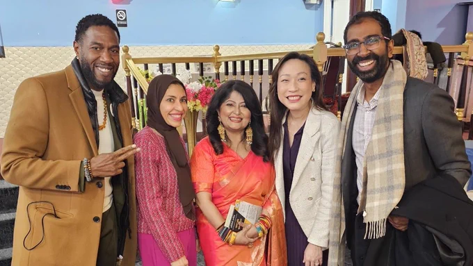 The Public Advocate poses with Council Members Shekar and Lee and New American Democratic Club members