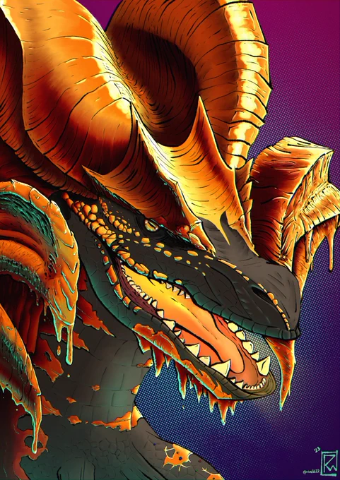 A colorful illustrative portrait of Kulve Taroth from Monster Hunter: World. She is a dragon with black scales, who is covered in gold that was melted and cooled, so it drips from her ram-like horns, neck and face. She is lit from below by a soft greenish-blue light. There is a glow from within her mouth which portends her use of her incredibly high-temperature breath weapon. Most importantly: she is beautiful.