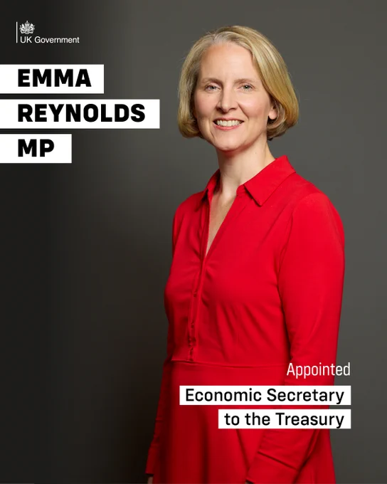 Image features a portrait photo of new Economic Secretary to the Treasury Emma Reynolds, a UK Government logo is placed on the upper left-hand side