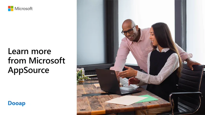 Colleagues collaborating in an office while viewing a laptop. Text reads: Learn more from Microsoft AppSource, Dooap. 