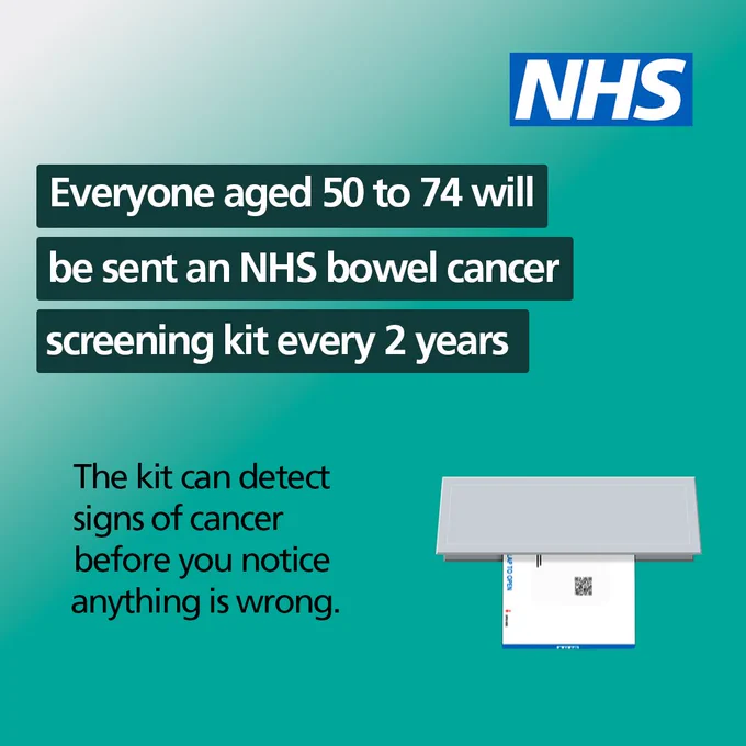An illustration of a parcel being posted through a letterbox. Text reads 'Everyone aged 50 to 74 will be sent an NHS bowel cancer screening kit every 2 years. The kit can detect signs of cancer before you notice anything is wrong.'